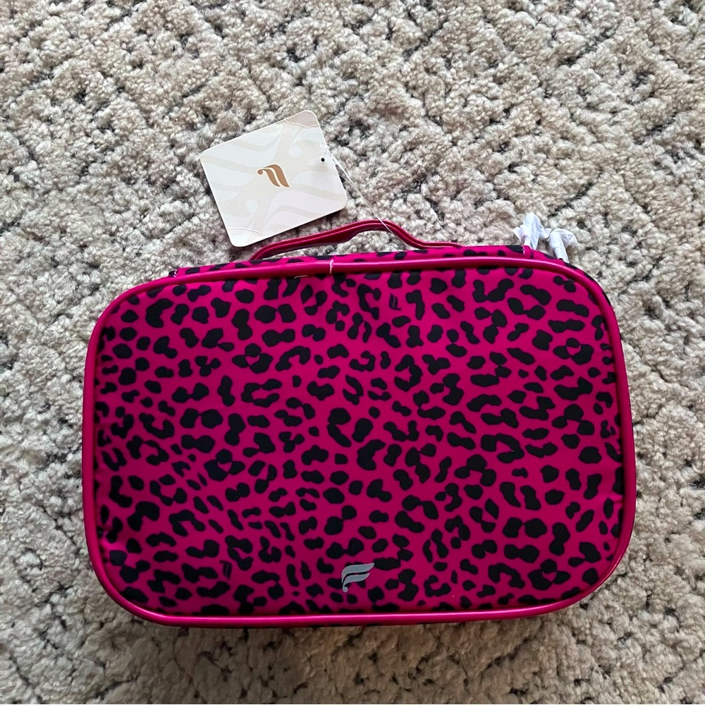 NWT Fabletics Makeup Case Lepoard Pink Black Travel Bag Zipper